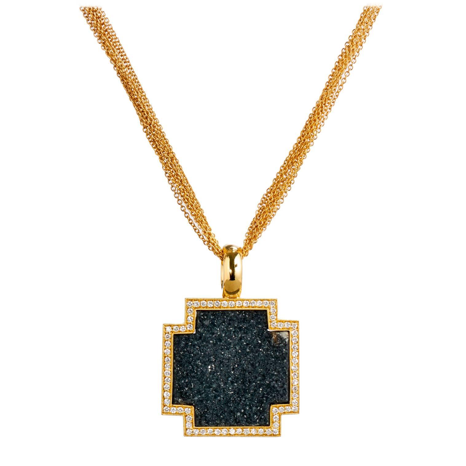 Black Agate Druzy Diamond Gold Pendant 