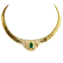 1980s Emerald Diamond Gold Tubogas Necklace 12