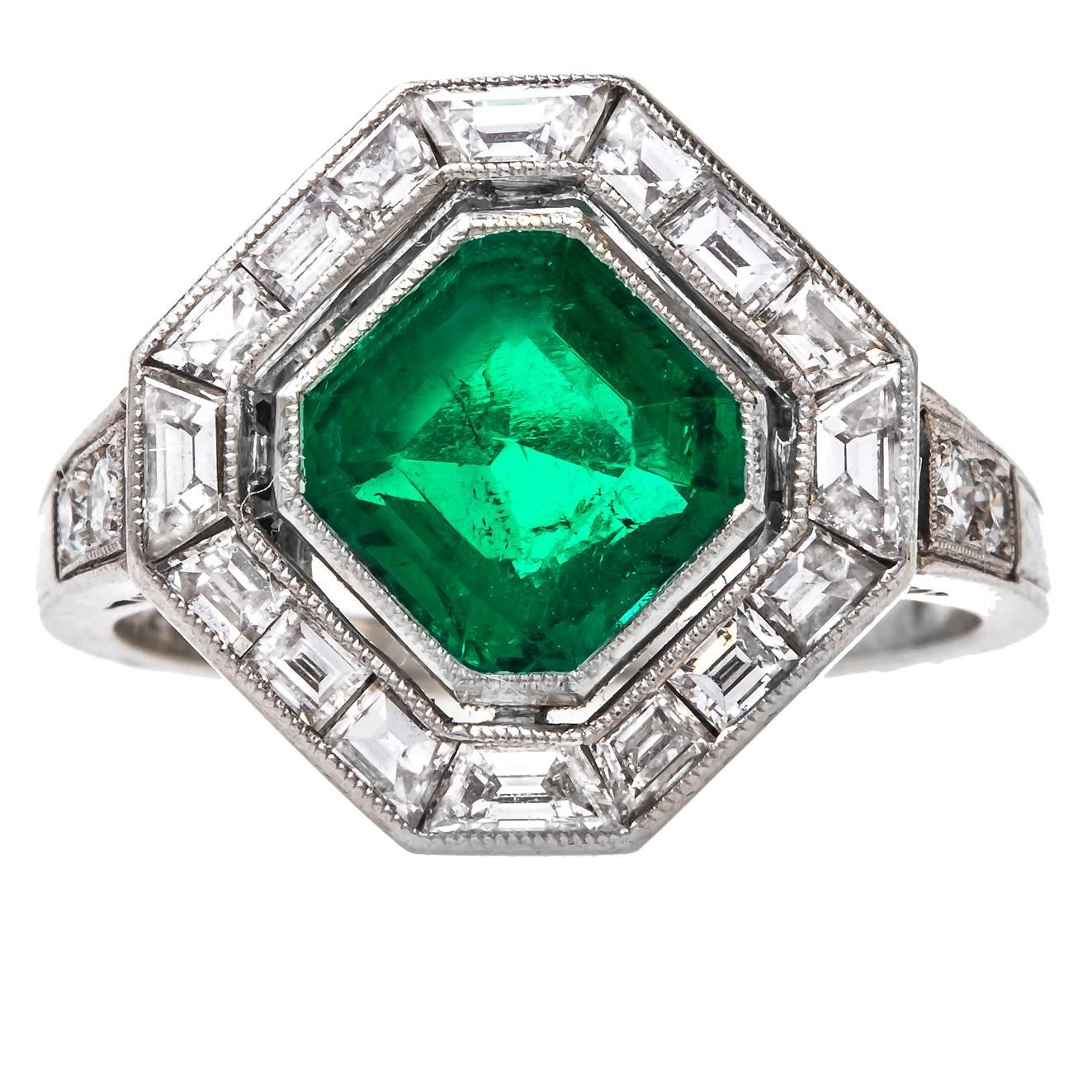 CARTIER Art Deco Emerald Diamond Platinum Art Deco Engagement Ring For Sale