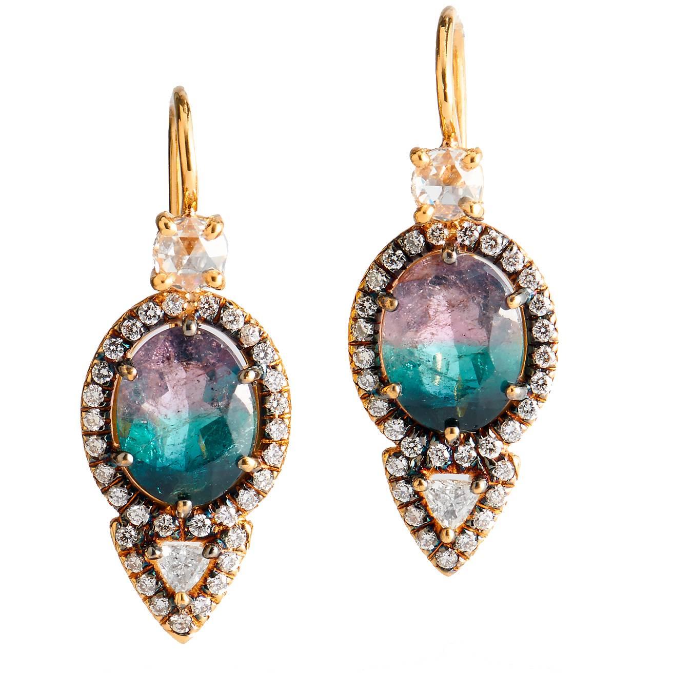 H&H Handmade Watermelon Tourmaline Diamond Gold Earrings