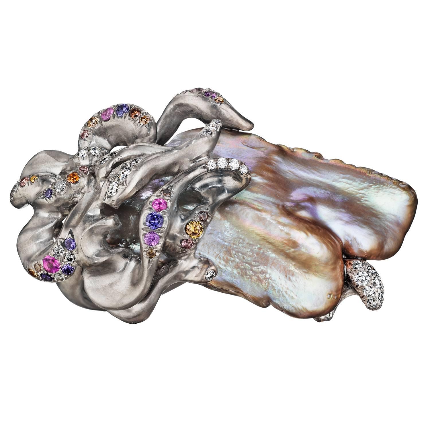 Naomi Sarna Freshwater Pearl Diamond Sapphire Gold Ring