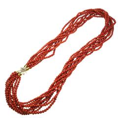 Multi Strand Natural Red Coral Bead Necklace with Diamond Set Butterfly Clasp