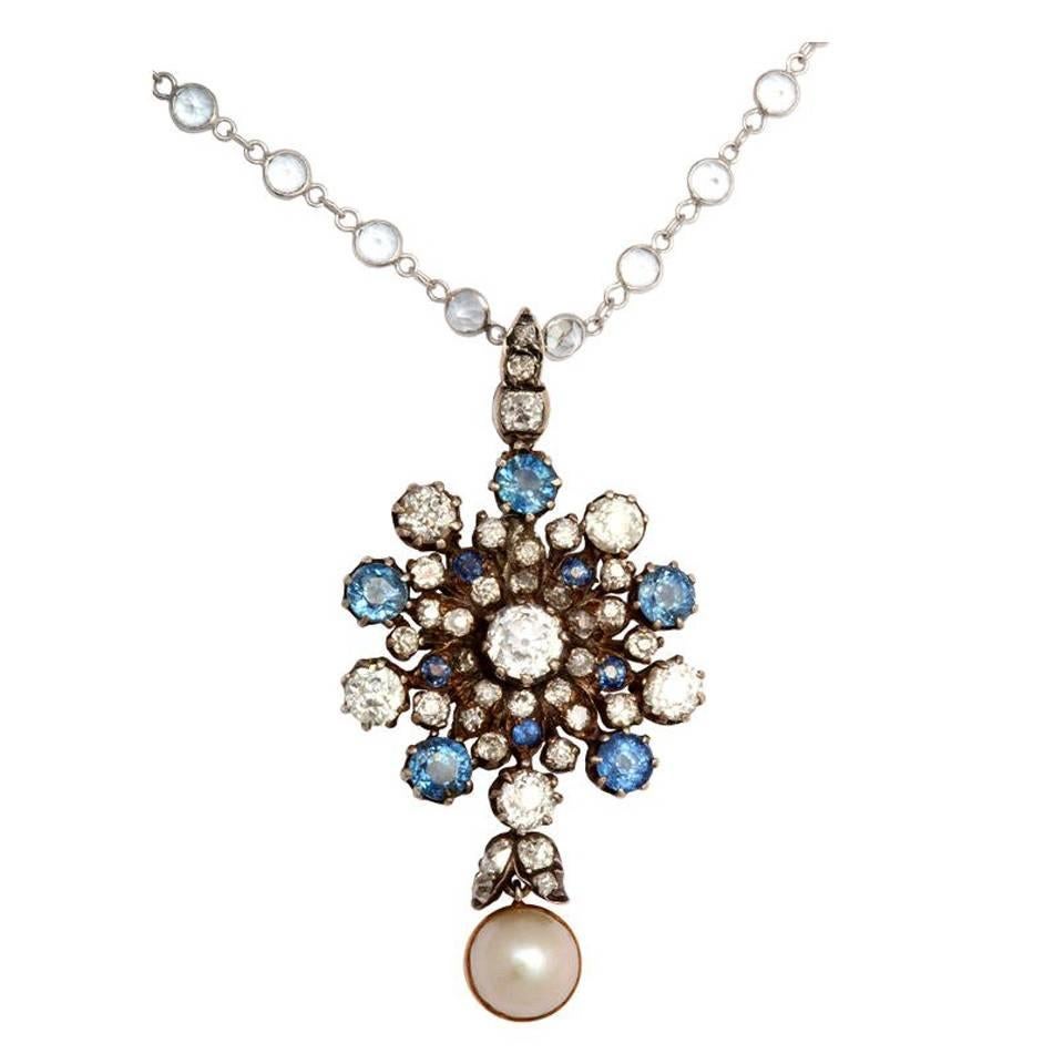 Antique Victorian Sapphire Pearl Diamond Gold Pendant