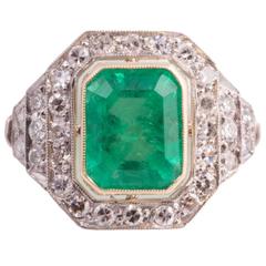 Beautiful Art Deco Emerald Diamond Gold Platinum Ring