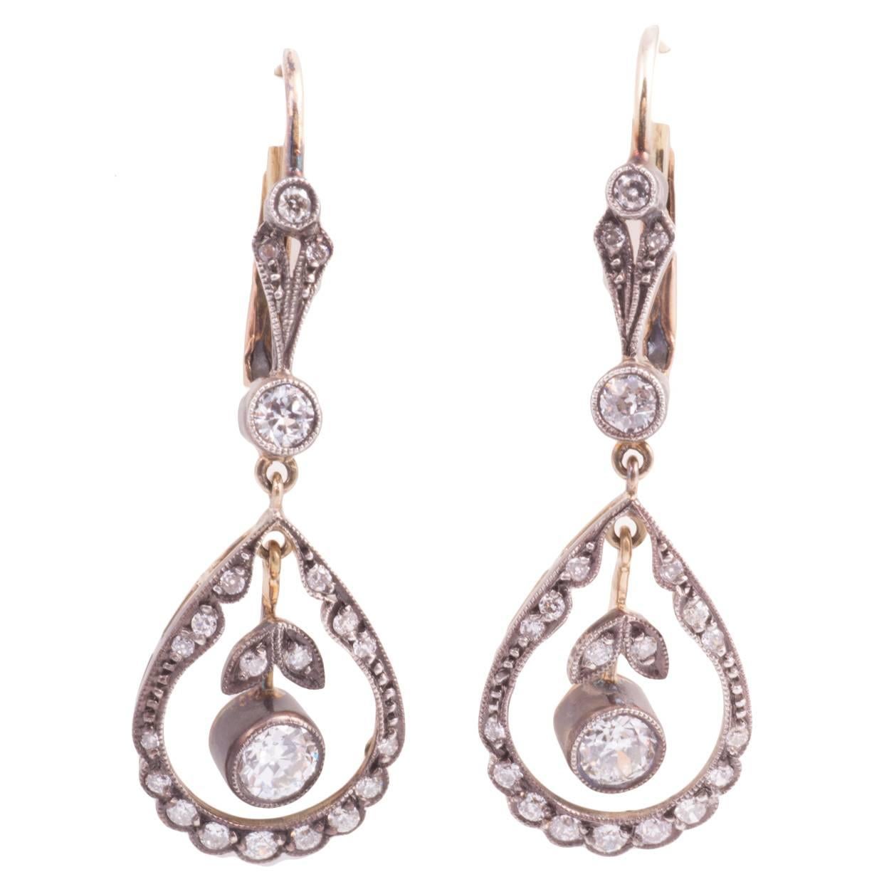 Edwardian Diamond Silver Top Gold Back Earrings For Sale