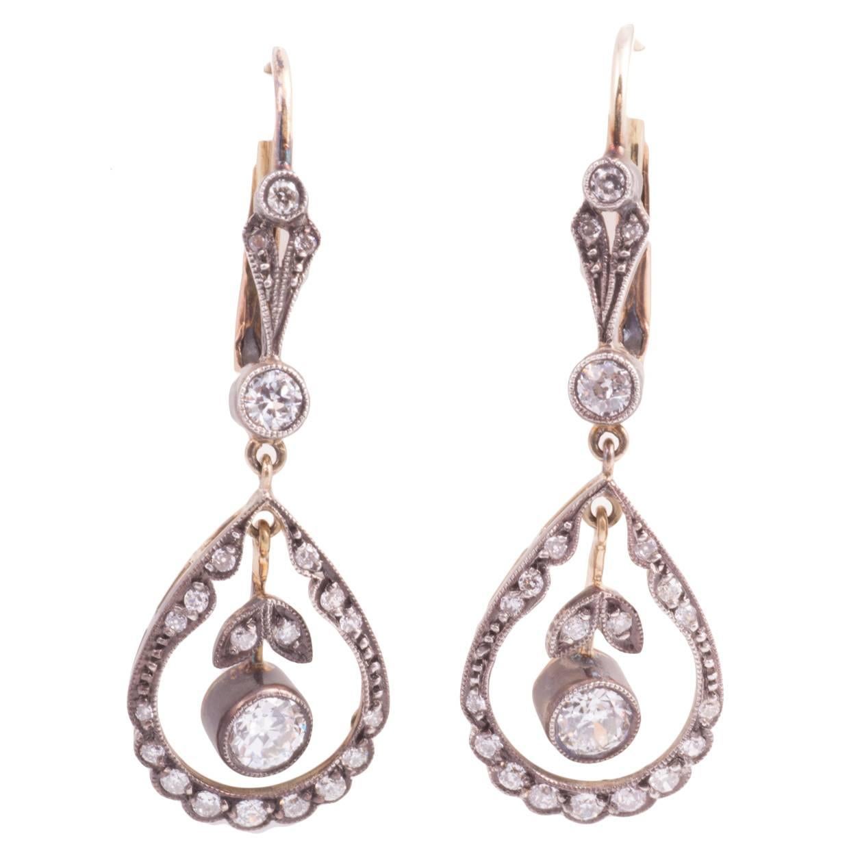 Edwardian Diamond Silver Top Gold Back Earrings