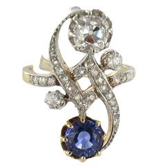 French Antique Napoleon III Sapphire Diamond Gold Platinum Engagement Ring