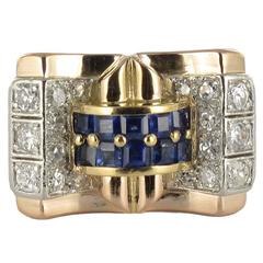 French Calibrated Sapphire Diamond Gold Platinum Tank Ring