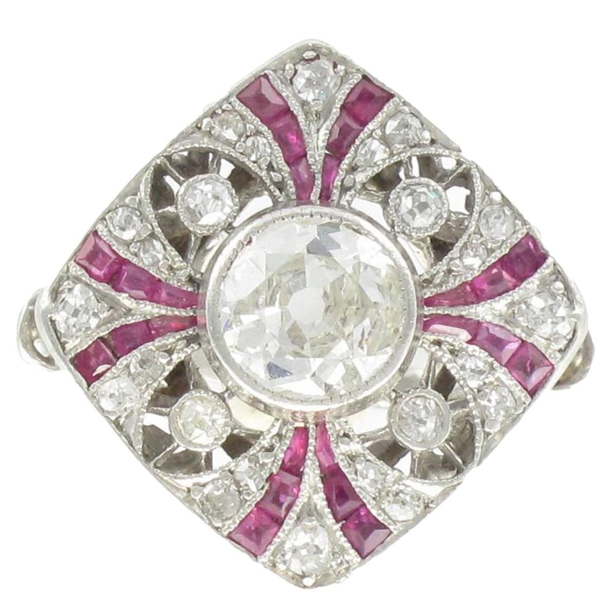 French Art Deco Platinium Diamond Calibrated Rubies Ring 