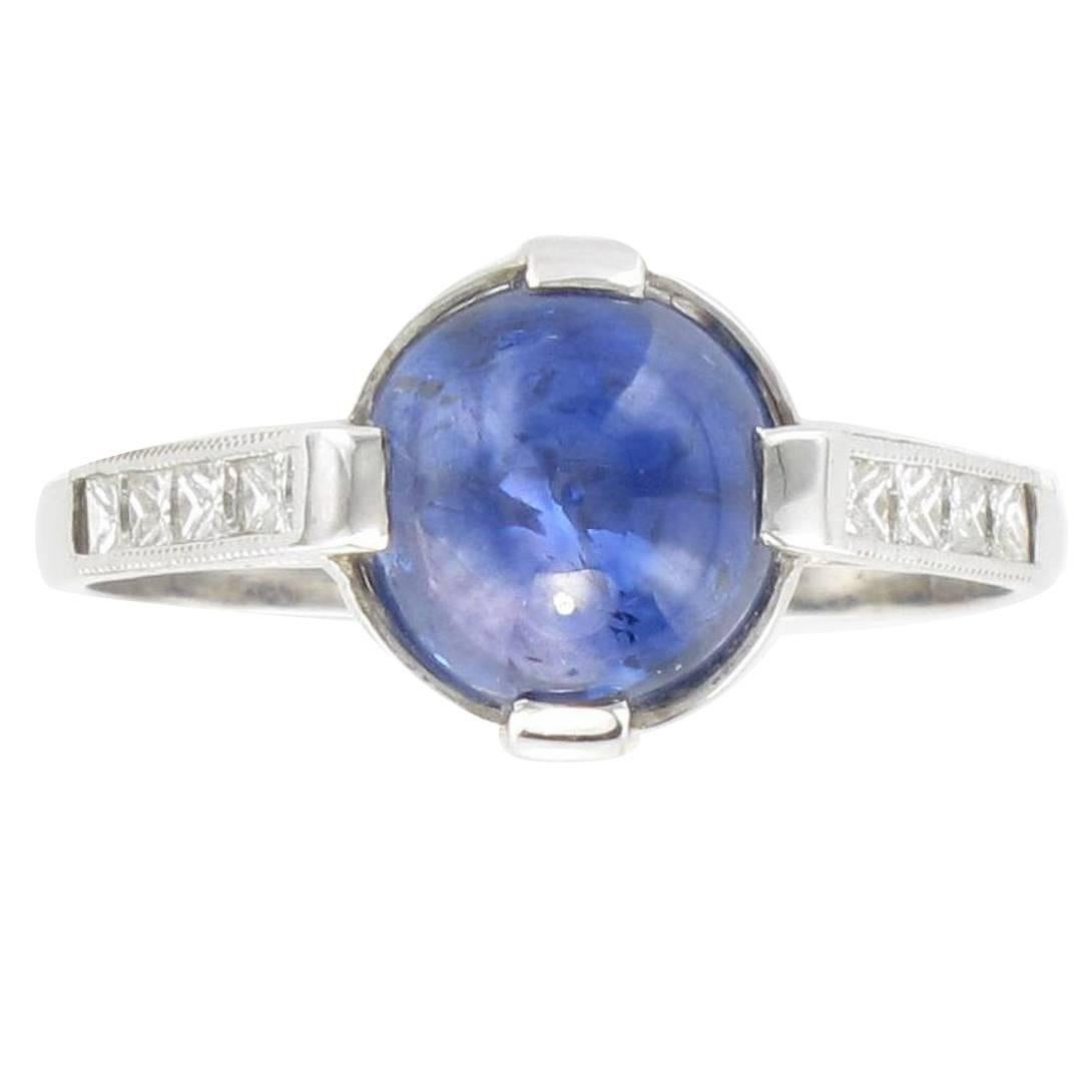 French Art Deco Style Sapphire Cabochon Princess Cut Diamond Ring 