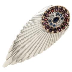Erte Gem Set Silver Gold Feather Brooch