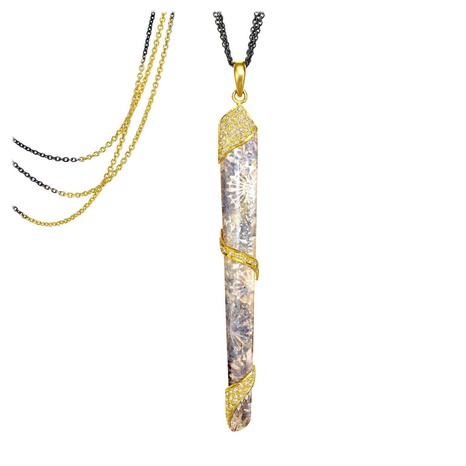 Lauren Harper Fossilized Ancient Coral White Diamond Silver Gold Long Necklace