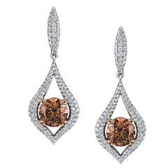 Round Brilliant Fancy Dark Orange Brown and Colorless Diamond Gold Earrings