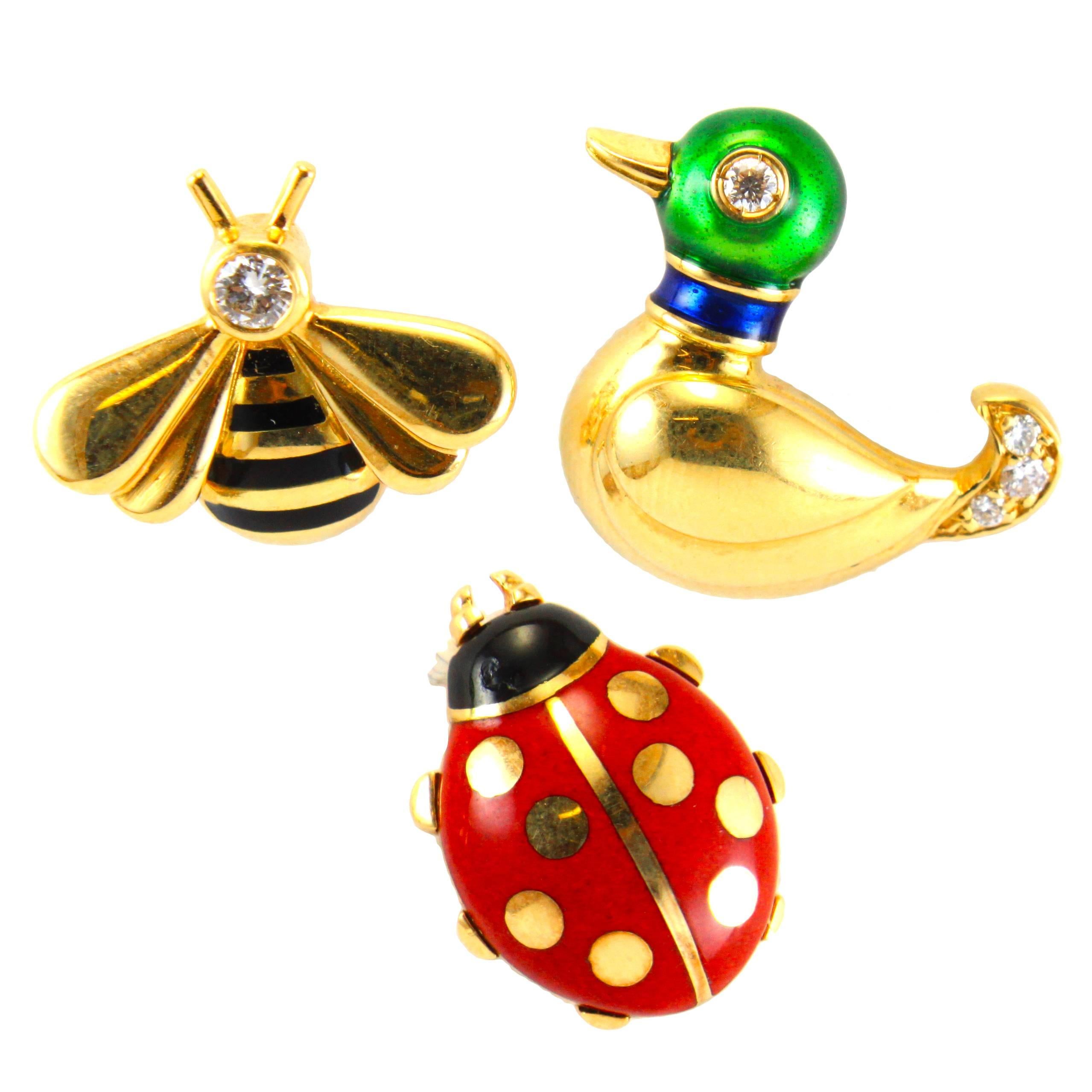Cartier Enamel Diamond Gold Bee Duck Ladybug Pins