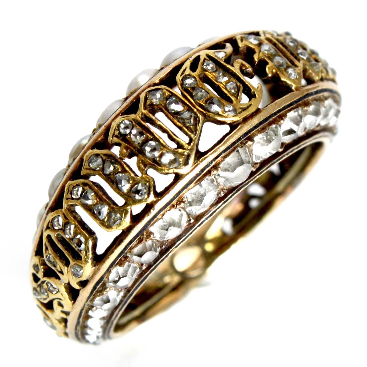 Rare Victorian Pearl Diamond Souvenir Ambigram Ring