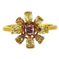 Pink and Yellow Diamond Gold Flower Ring