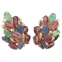 1950s  Multicolored Stone Cabochon Carved Gems Diamond Gold Earrings
