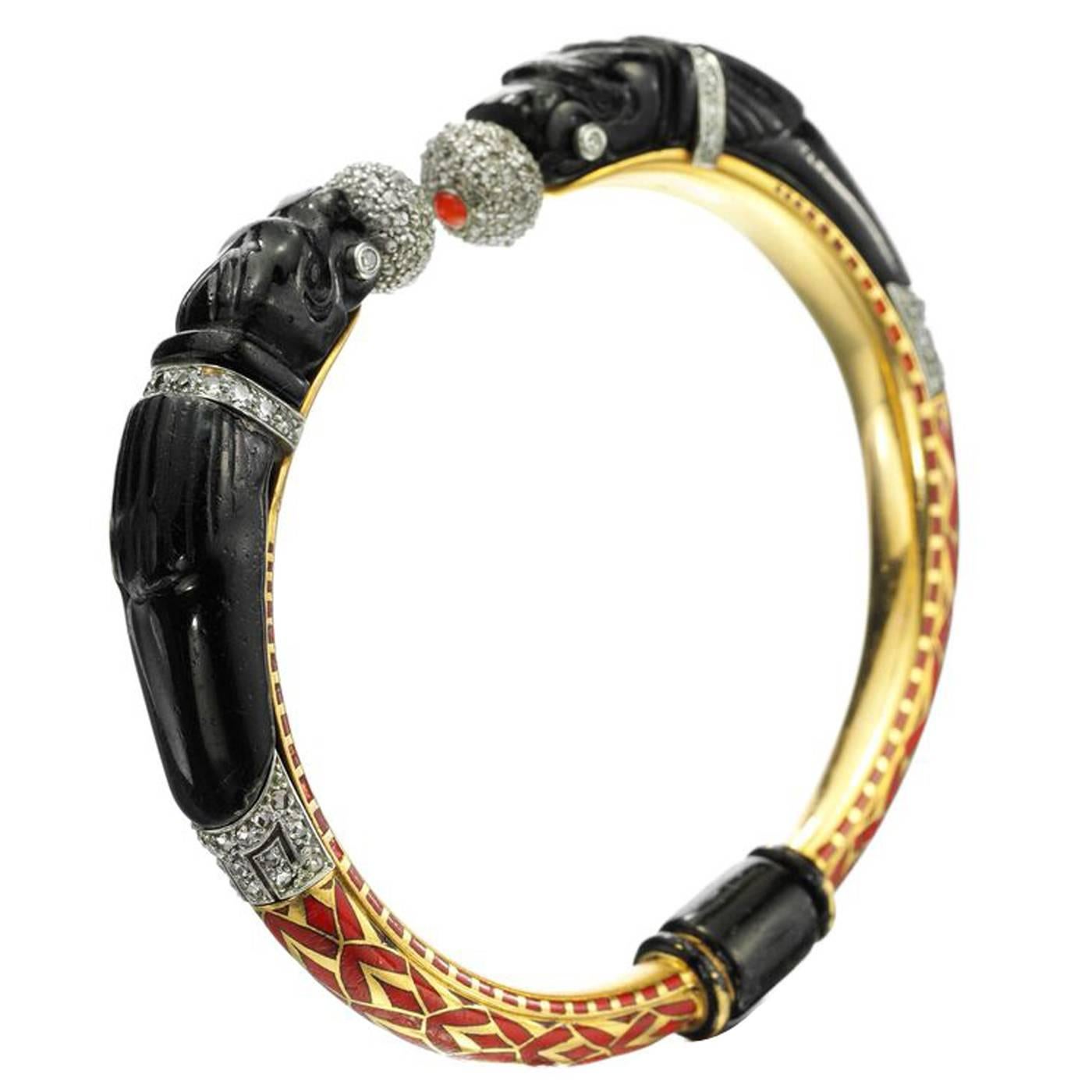 Lacloche Art Deco Pate-de-Verre Enamel Coral Diamond Gold Bangle Bracelet For Sale