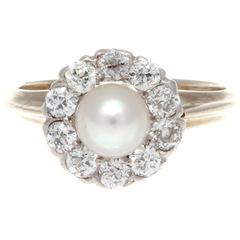 Vintage Lovely Art Deco Pearl Diamond Gold Ring