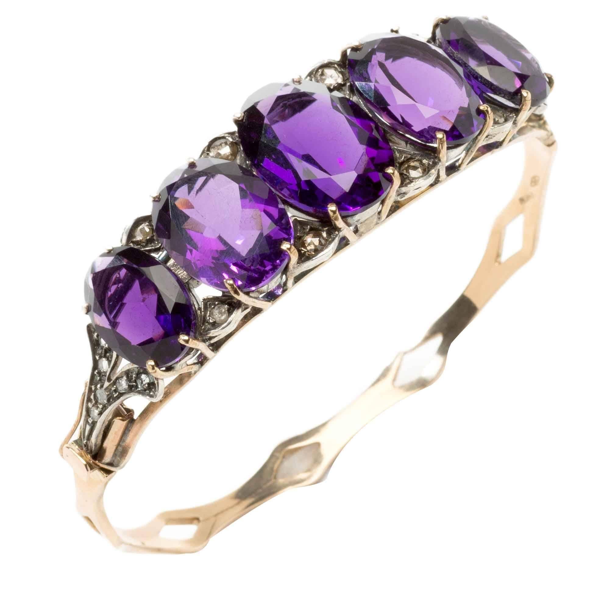 Amethyst Diamond Gold Bangle Bracelet