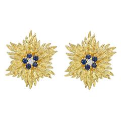 Tiffany & Co. Sapphire Diamond Gold Foliate Earclips