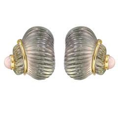 Trianon ​Rock Crystal Coral Mother-of-Pearl Gold Earclips