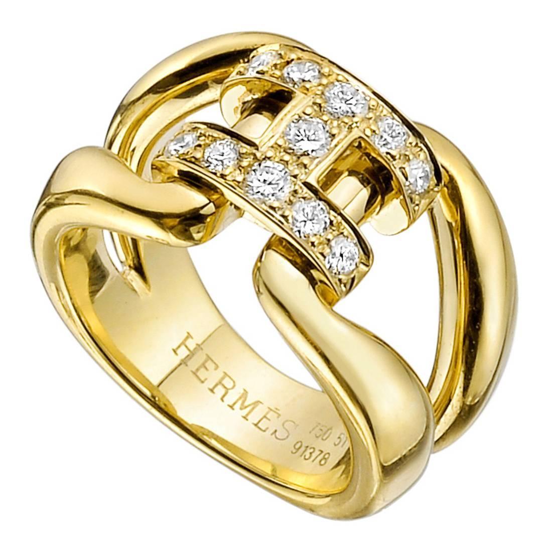 Hermes Diamond Gold H Ring at 1stdibs