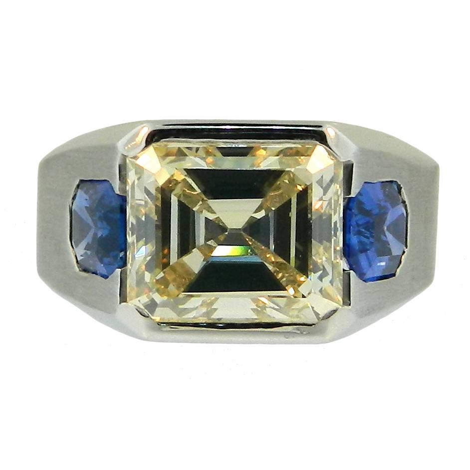 Hartz & Co. 8.25 Carat Diamond Sapphire Platinum Signet Ring For Sale