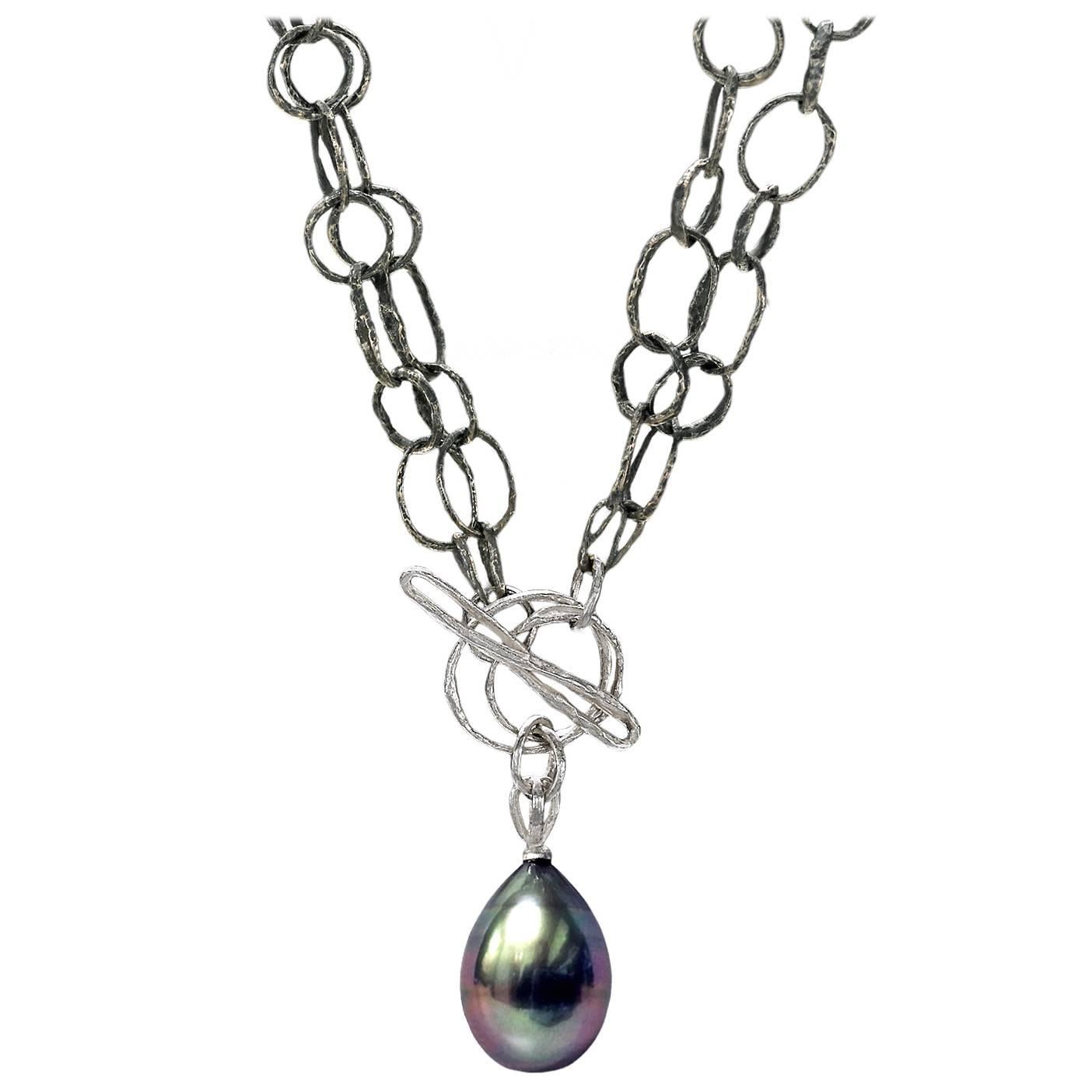 John Iversen One of a Kind Tahitian Pearl Silver Gold Double Link Necklace