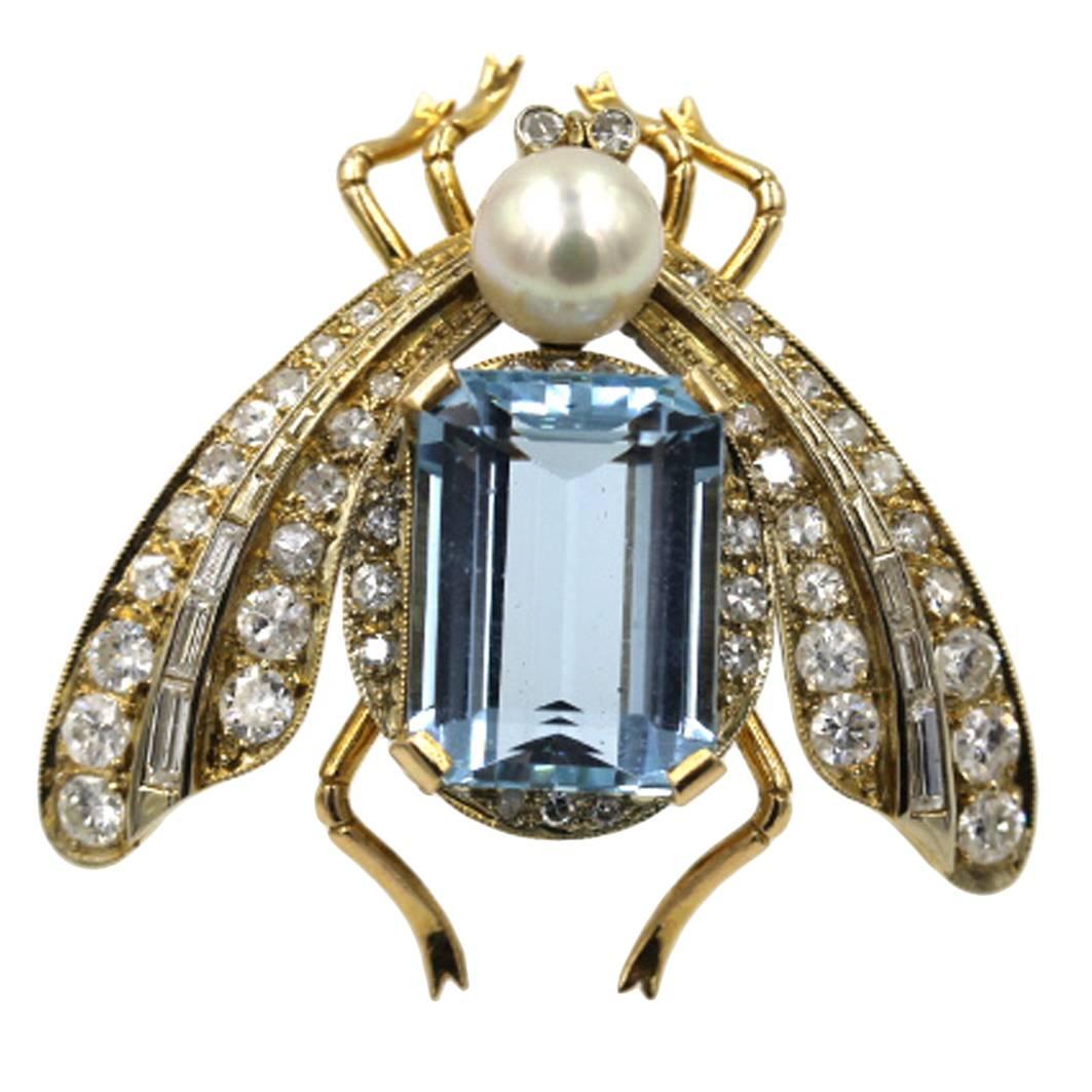 1950s Aquamarine Cultured Pearl Diamond Gold Bug Pin