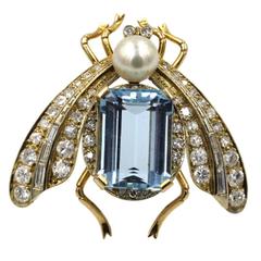 1950s Aquamarine Cultured Pearl Diamond Gold Bug Pin