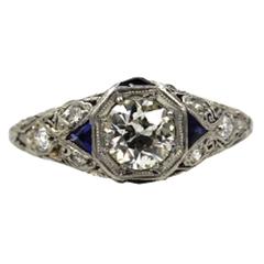 Art Deco Diamond Platinum Ring With Accent Sapphires