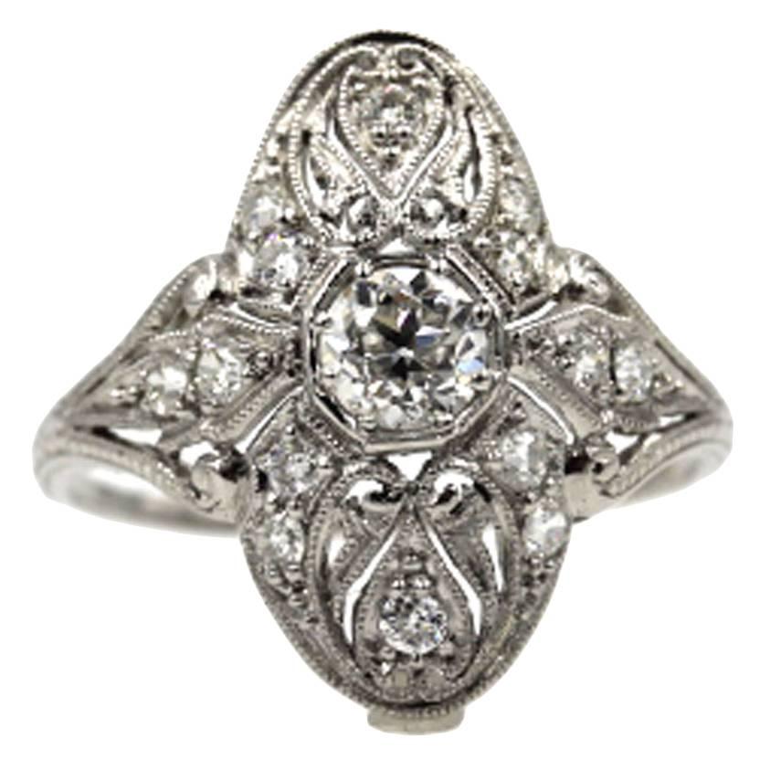 Art Deco Diamond Platinum Filigree Ring With GIA Certificate