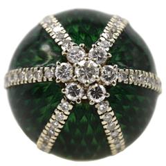 Vintage 1960s Green Enamel Diamond Gold Fashion Ring 