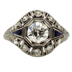 Original Art Deco Diamond Platinum Ring With Accent Sapphires