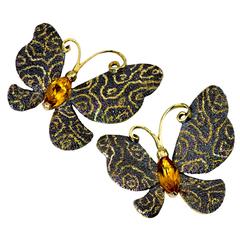 Citrine Gold Butterfly Stud Earrings by Alex Soldier. Handmade in NYC. Ltd Ed.
