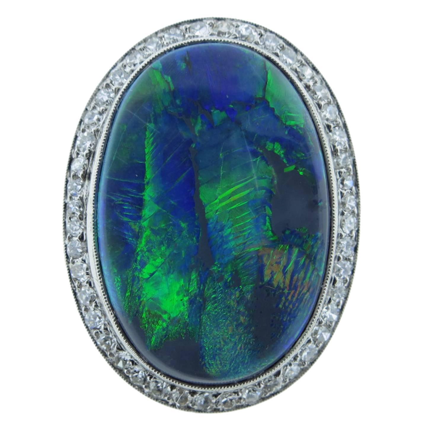 Outstanding Art Deco Black Opal Diamond Platinum Ring For Sale