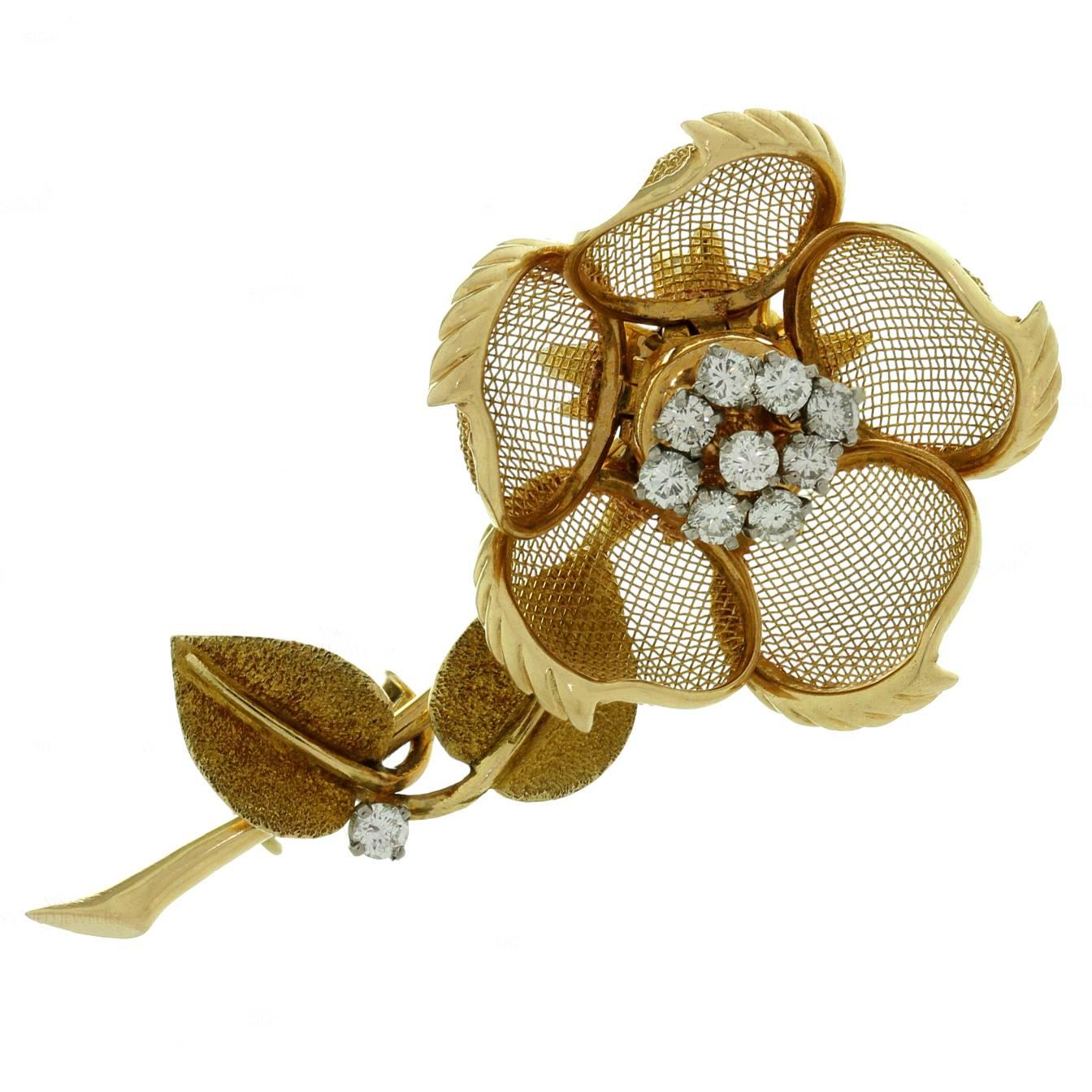 Cartier Diamond Gold Rose Flower Movable Brooch