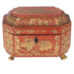 Chinese Gilt Red Lacquer Tea Caddy with Paktong Fittings 