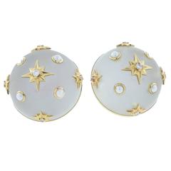 Cosmic Rock Crystal Pearl Diamond Gold Clip Back Earrings