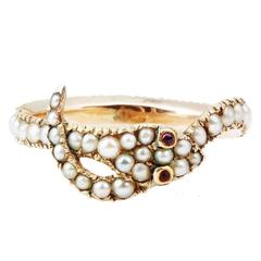 Early 19th Century Pearl Garnet Gold Snake Ring
