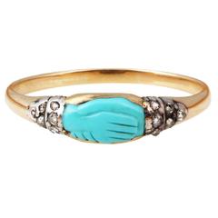 Antique 19th Century Turquoise Diamond Gold Fede Ring