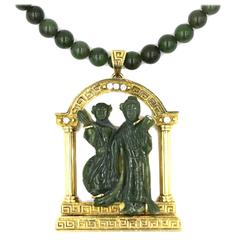 Carved Jade Diamond Gold Pendant On Jade Bead Necklace