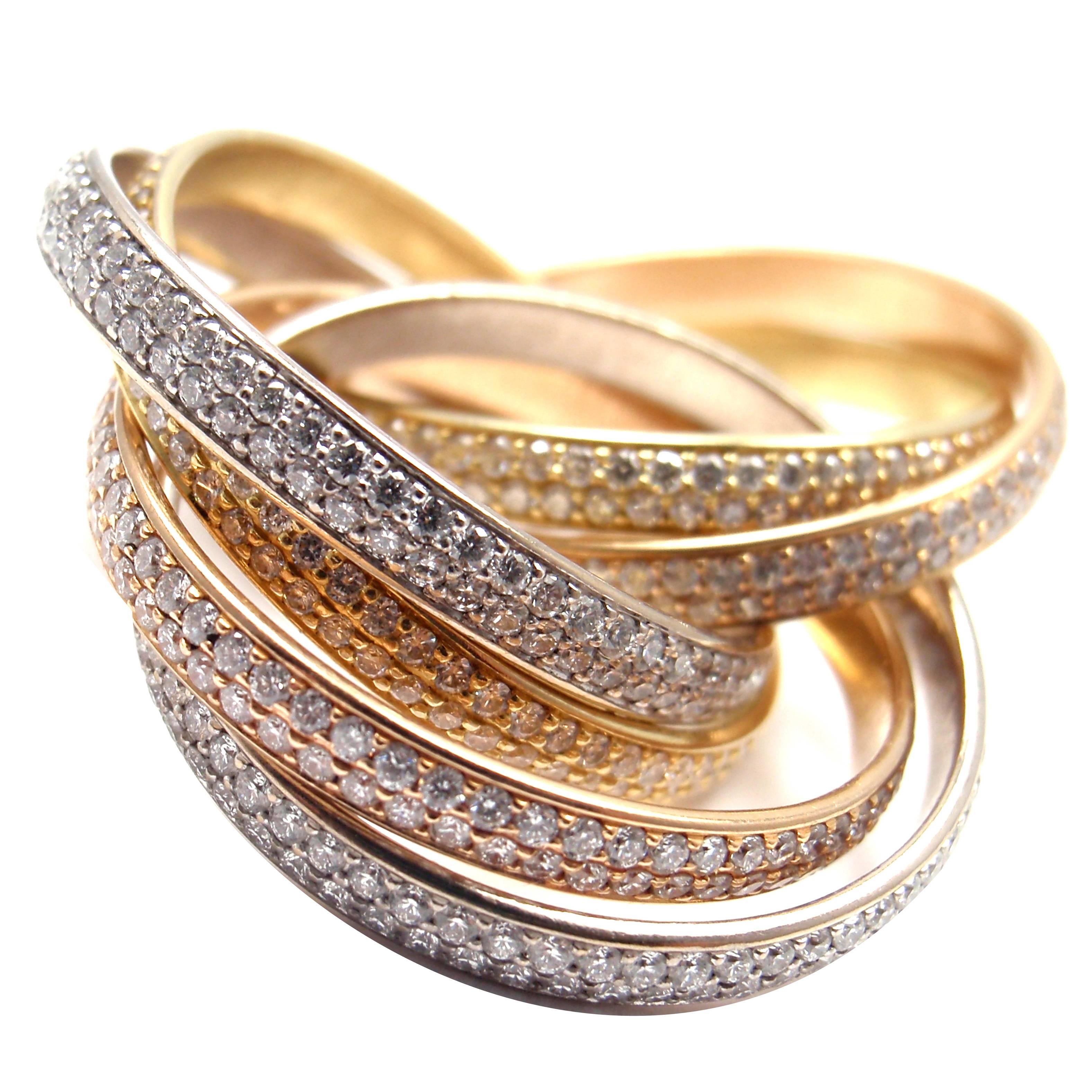 Cartier Pave Diamond Three Color Gold Two For Trinity Six Band Ring