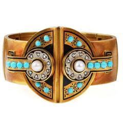 Antique Late 19th Century Turquoise and Gold Bangle