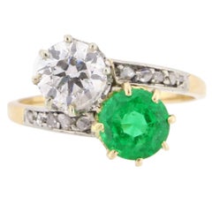 Antique Emerald Diamond Gold Platinum Two Stone Ring