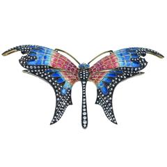 Fantastic Plique A Jour Diamond Gold Moth Brooch