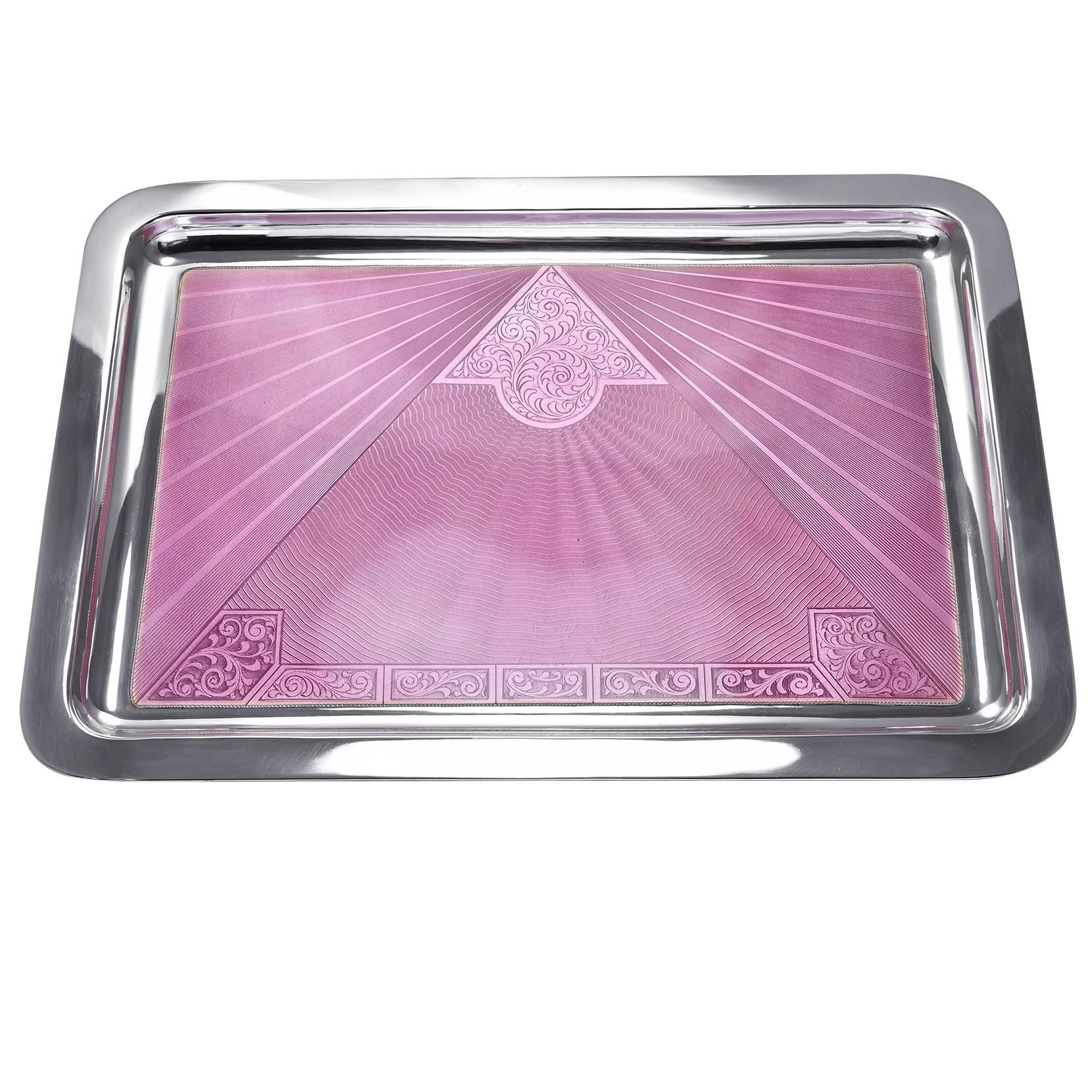 Pink Enamel Sterling Silver Vanity Tray