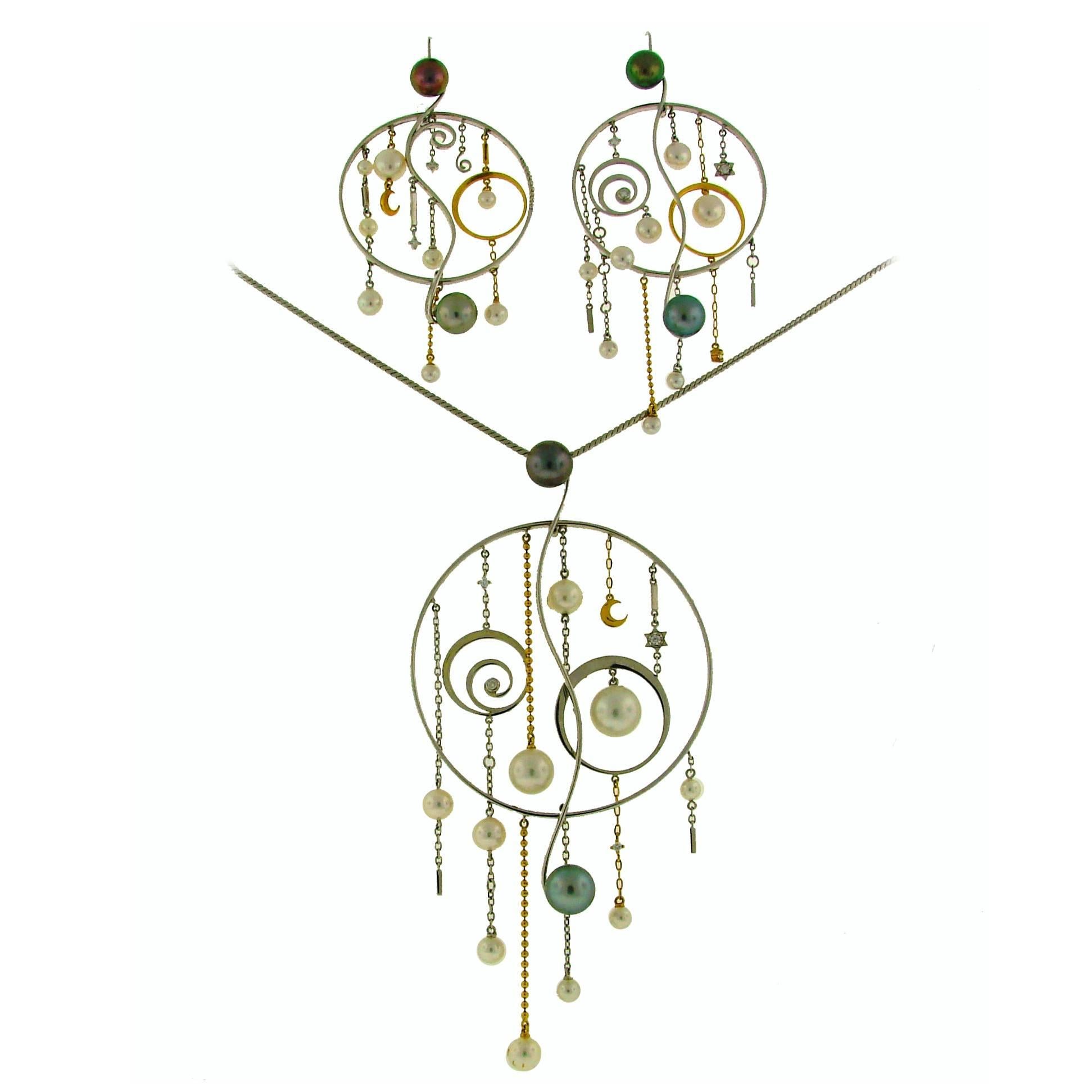 Mikimoto Pearl Diamond Gold Pendant Necklace Earrings Set