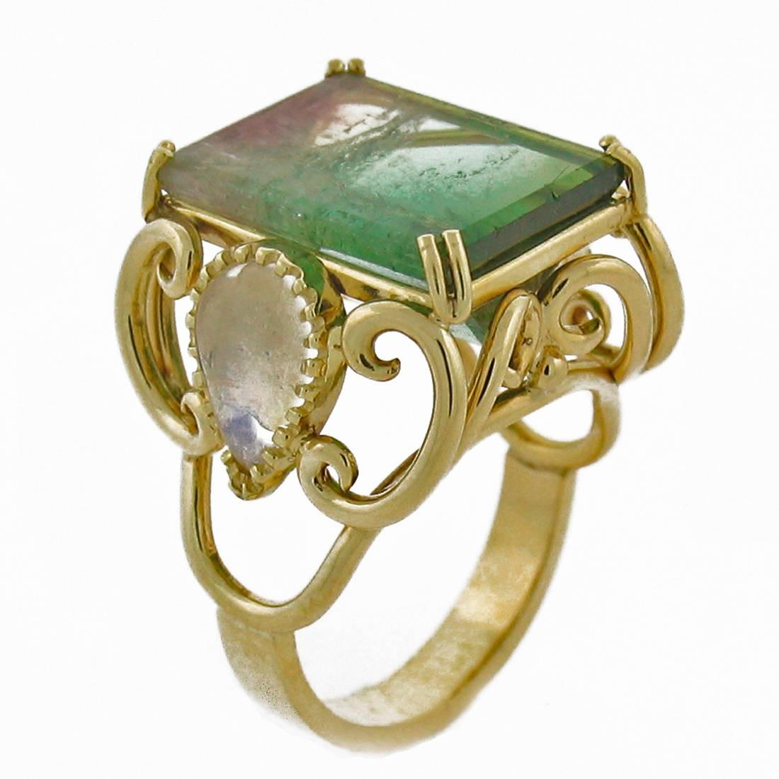 Bicolor Tourmaline Moonstone Gold Ring